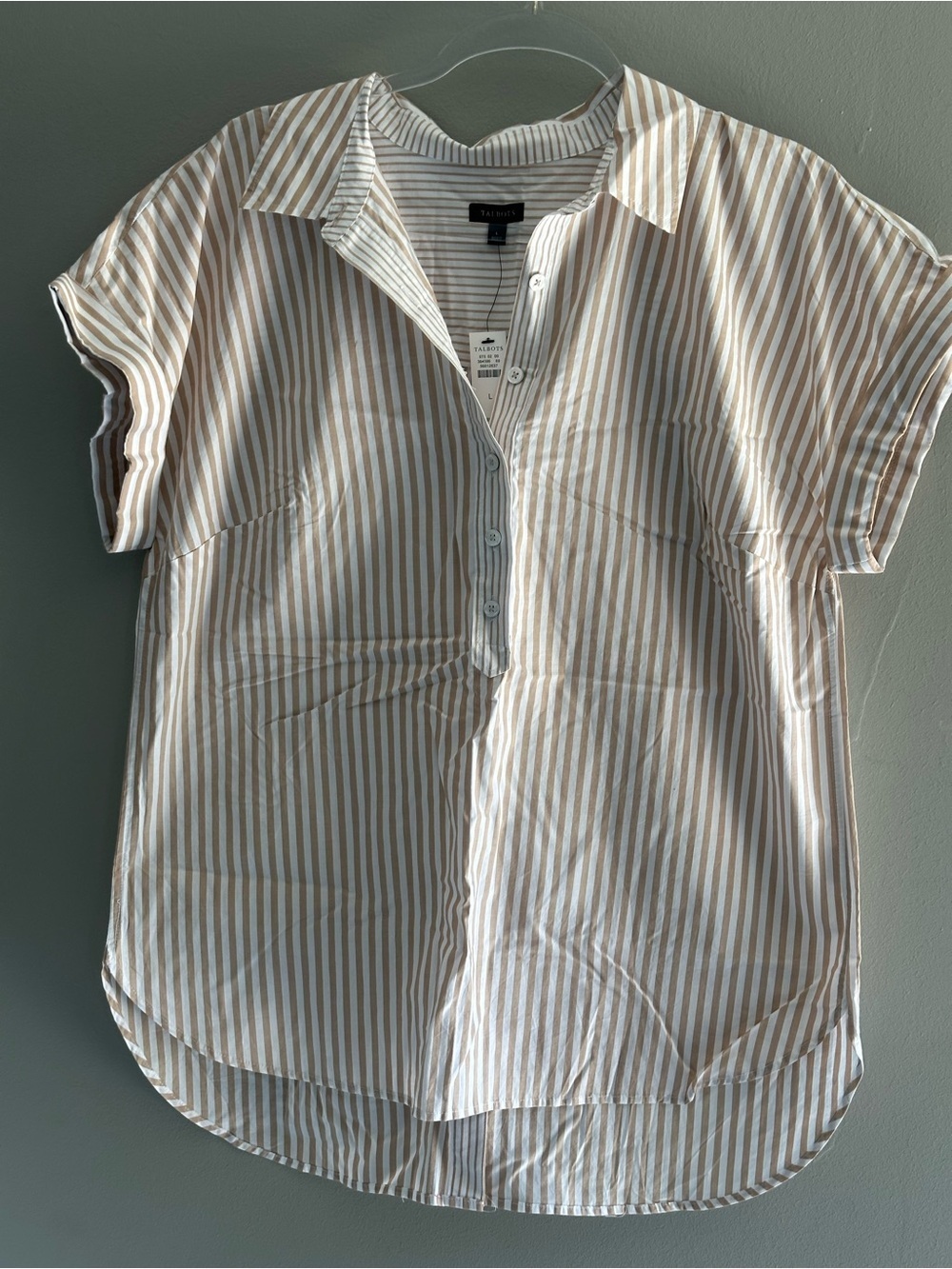 Talbots White and Tan Striped Short Sleeve Button Pullover
